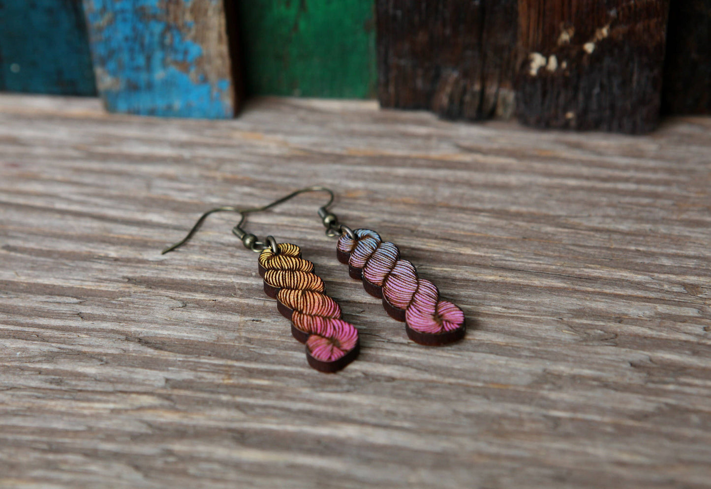Yarn Hank Earrings - Mixed Colors/Wood for Fiber Enthusiasts (2.25x.5)