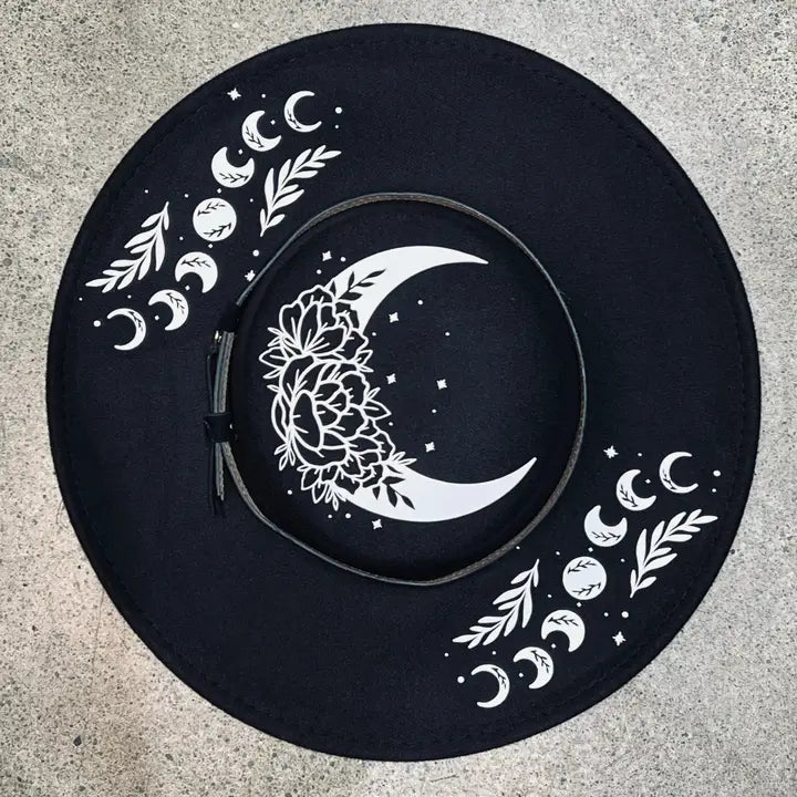 Vegan Felt Wide Brim Hat - Flat Top XL Brim - "Floral moon"